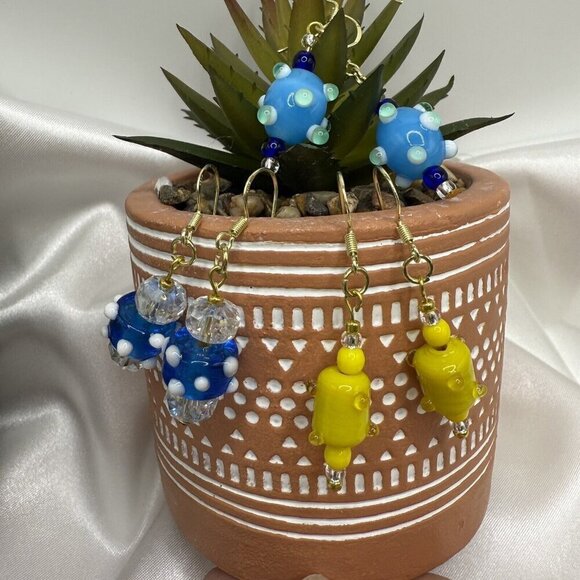 3 Sets REIMAGINED Venetian Lampwork Glass Bead Dangle Earrings 18K GP 925 Silver - Picture 5 of 7